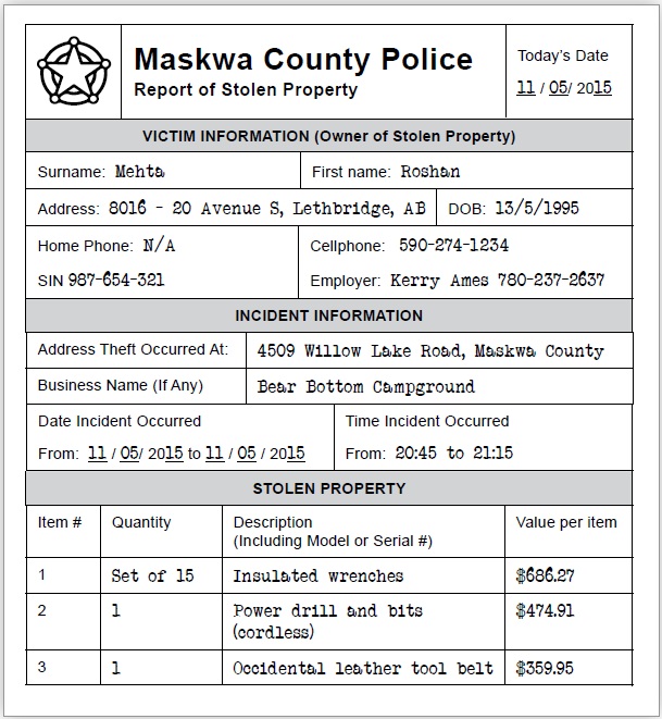 Maskwa County Police Report